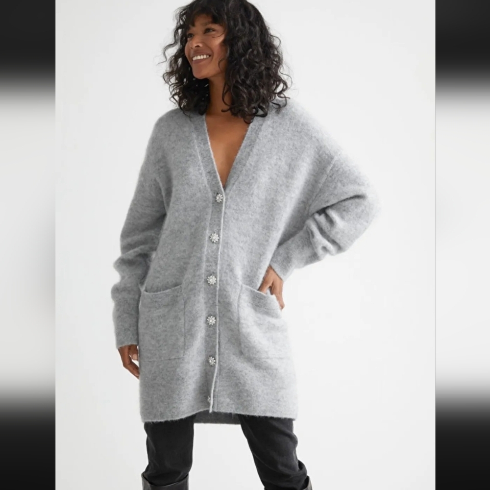 & Other Stories Alpaca Gray Relaxed Alpaca Blend Diamanté Button Cardigan Size M